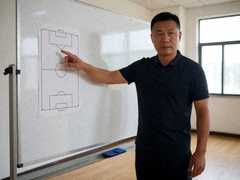 教练在战术板上布置阵型的画面
